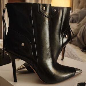Aldo "Nilita" Black Leather Ankle Boots with Silver Toe Cap